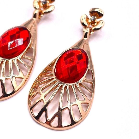 Yellow Gold with Ruby and White Crystal Teardrop Flower Post Back Earrings - Picture 3 of 6